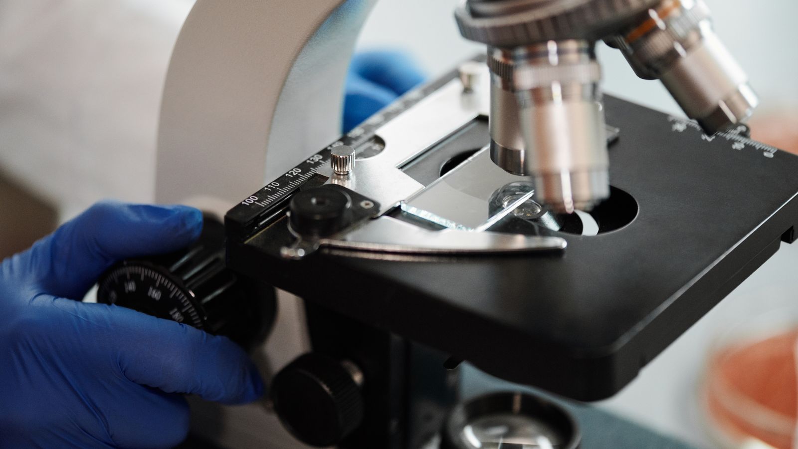 A gloved hand adjusts the focus knob of a laboratory microscope in close-up.